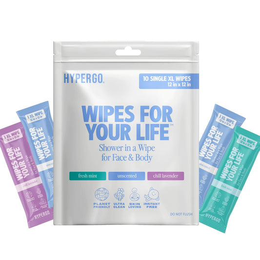HyperGo presentación frontal mostrando paquete de 10 toallitas y beneficio limpieza completa