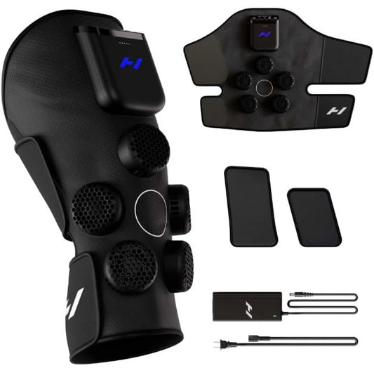 Hyperice X2 Knee vista frontal mostrando ajuste y cubrebanda, recuperación rápida