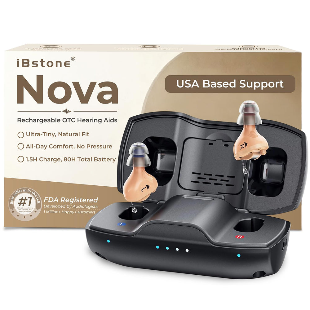 iBstone Nova frente del audífono mostrando diseño discreto y beneficio de invisibilidad