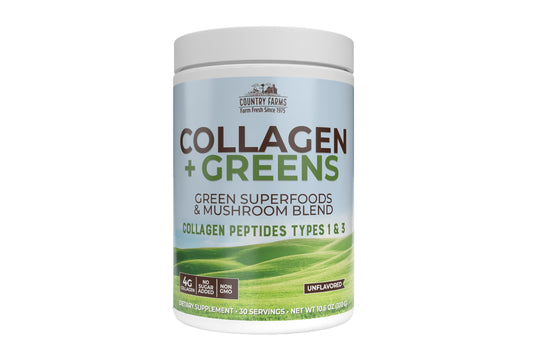 Country Farms Colágeno en Polvo + Greens 10.6 oz — Péptidos Tipo I/III con 23 Superalimentos, Sin Azúcar ni Lácteos