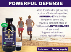Close-up of Immunia 67 Polyphenols bottle pour suggesting simple daily dosing and fast absorption.