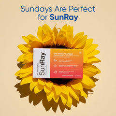 Immunotec Sunray botella abierta con cápsulas resaltando conveniencia semanal