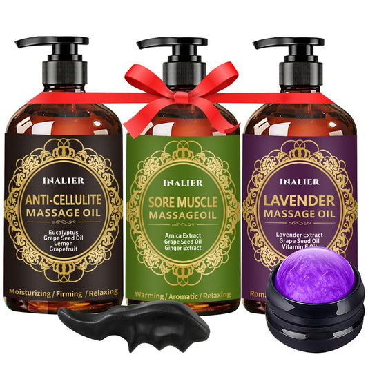 INALIER pack frontal con tres aceites y accesorios para masaje, ideal para bienestar