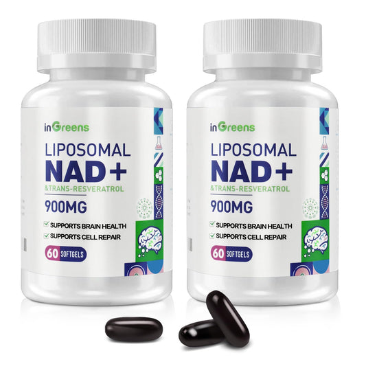 inGreens NAD+ liposomal botella, enfoque en energía sostenida durante el día