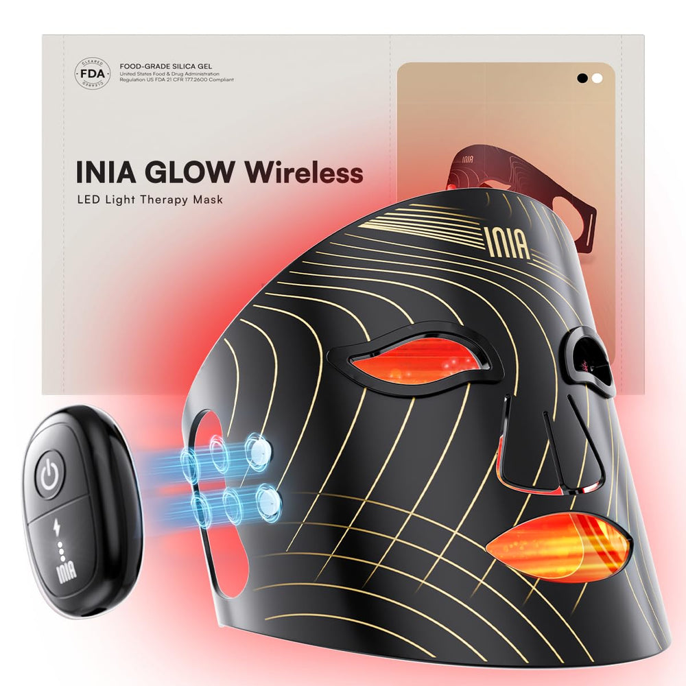 INIA GLOW vista frontal del empaque mostrando la máscara y beneficios portátiles