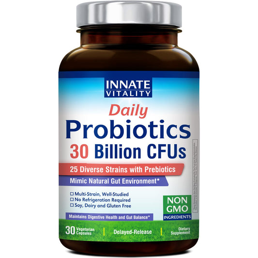 Innate Vitality Daily Probiotics: botella para uso diario, posible apoyo al equilibrio intestinal.