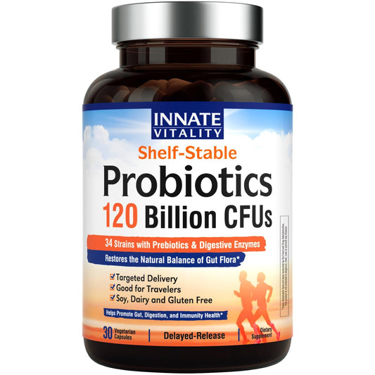 Innate Vitality Probiotics bottle displaying 120B CFU blend for gut support