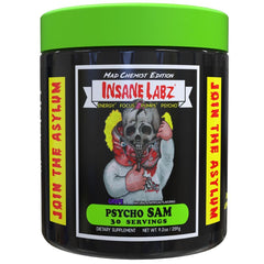 Insane Labz Psycho Sam vista frontal del envase mostrando 30 servicios y sabor uva