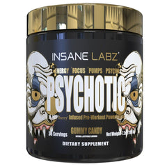 Insane Labz frasco Psychotic Gold frente mostrando diseño y beneficio de energía