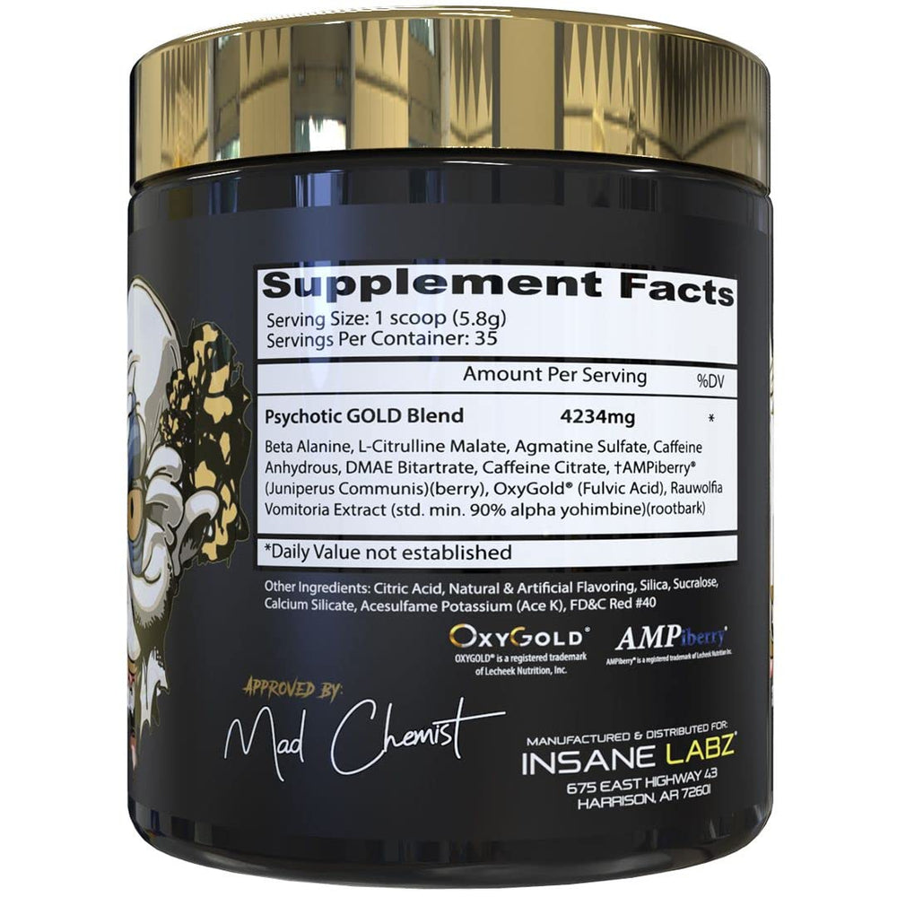 Insane Labz polvo Psychotic Gold textura fina para disolución rápida y mezcla eficiente
