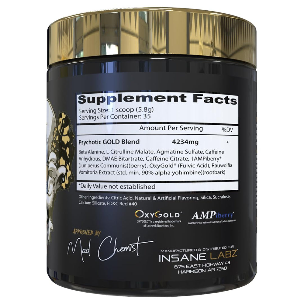 Insane Labz Psychotic Gold bebida preparada en vaso aportando energía pre entreno