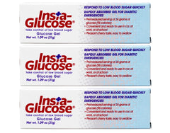 Insta-Glucose envase frontal mostrando el pack de tres, fácil de transportar