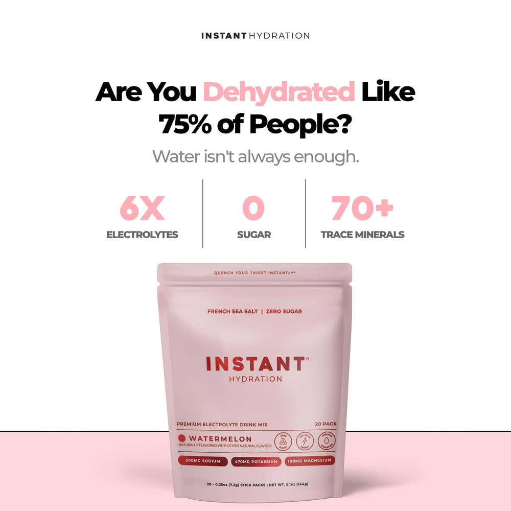 Instant Hydration sobre abierto con polvo rosa, mezcla fácil de disolver