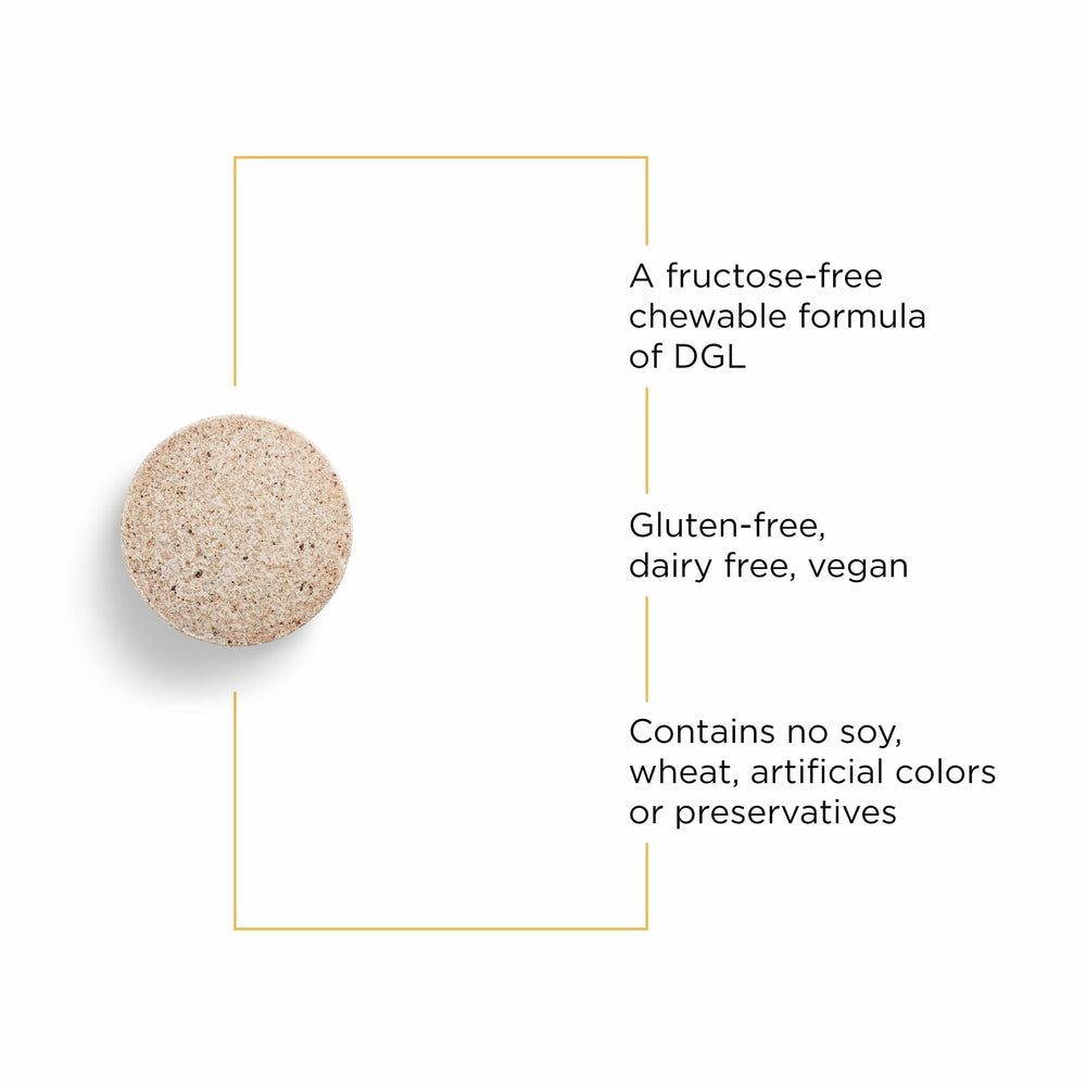 Integrative Therapeutics primer plano de textura de tableta Rhizinate destacando su forma masticable