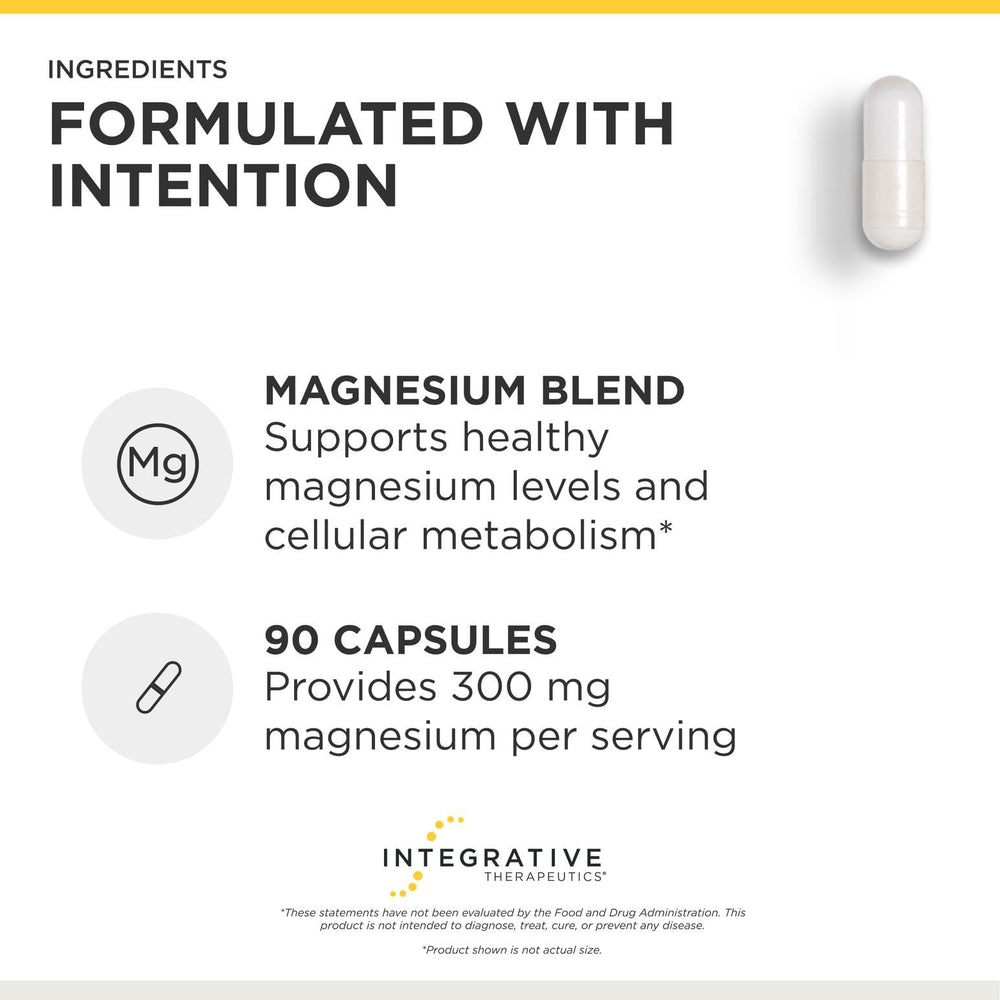 Integrative Therapeutics Tri-Magnesium cápsula en mano para comparar tamaño y facilidad