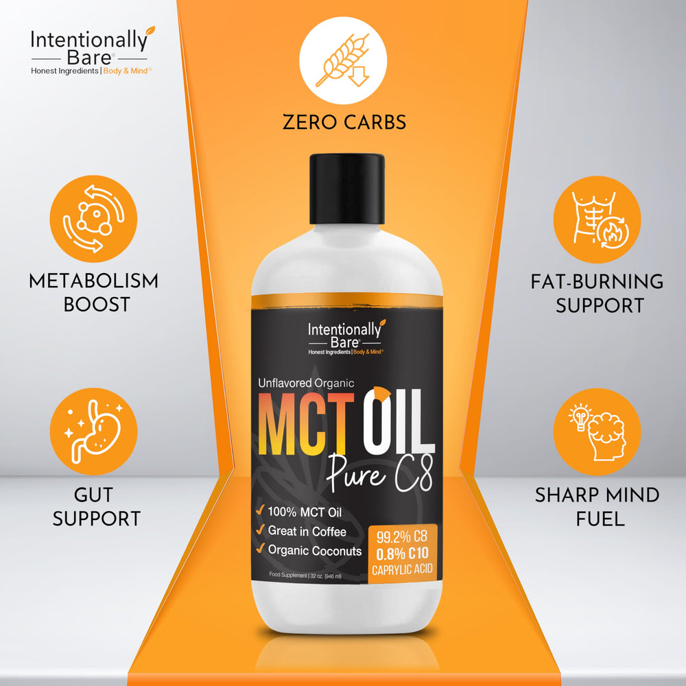 Intentionally Bare aderezo con aceite MCT C8 en ensalada para versatilidad culinaria