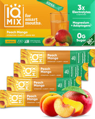 IQBAR IQMIX imagen frontal del empaque Peach Mango mostrando presentación de 20 sobres y beneficio práctico