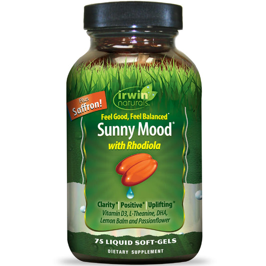 Irwin Naturals frontal del empaque mostrando la marca y beneficio de estado de ánimo