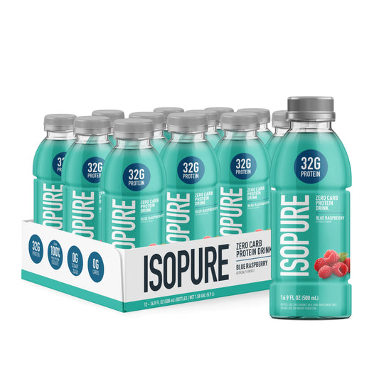 Isopure botella Blue Raspberry frente del empaque mostrando etiqueta y sabor