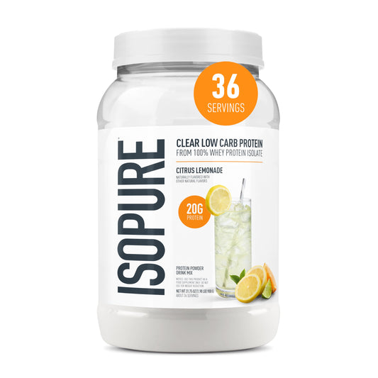 Isopure envase frontal mostrando sabor cítrico y 20 g proteína