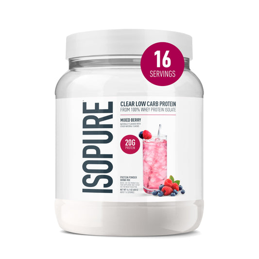 Isopure envase frontal Mixed Berry mostrando diseño y beneficios