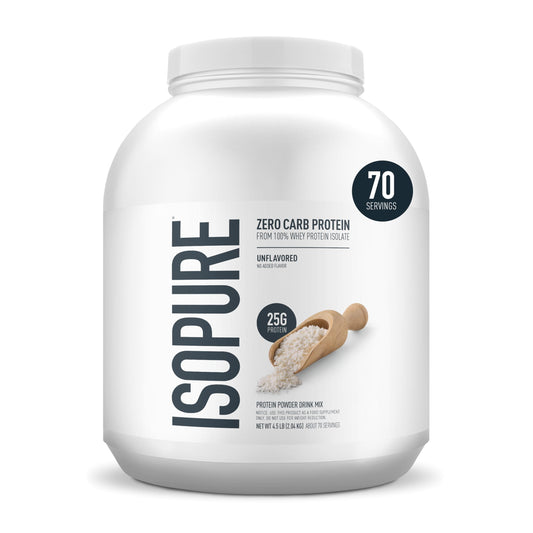Isopure envase frontal sin sabor mostrando 4.5 lb y beneficio de proteína pura