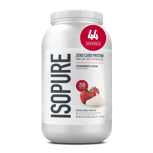 Isopure envase frontal Strawberries & Cream mostrando etiqueta y beneficio de proteína