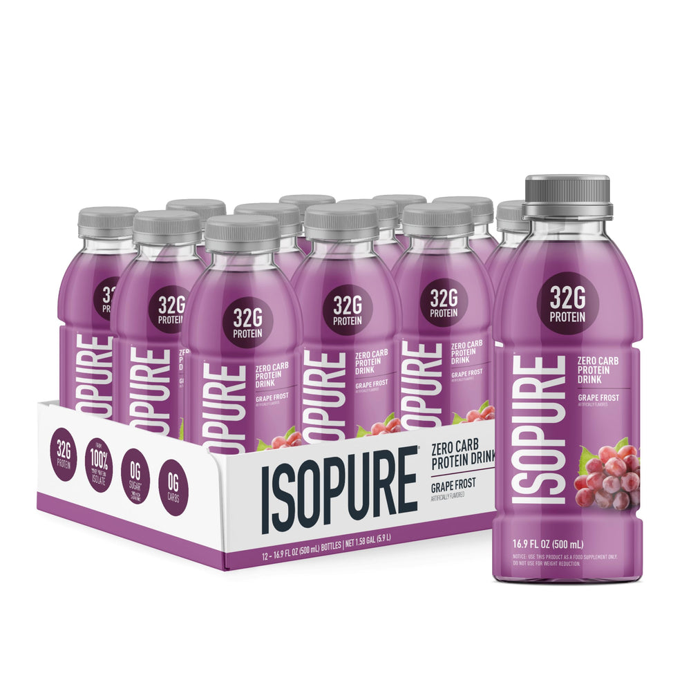 Isopure botella Grape Frost frente mostrando diseño y conveniencia