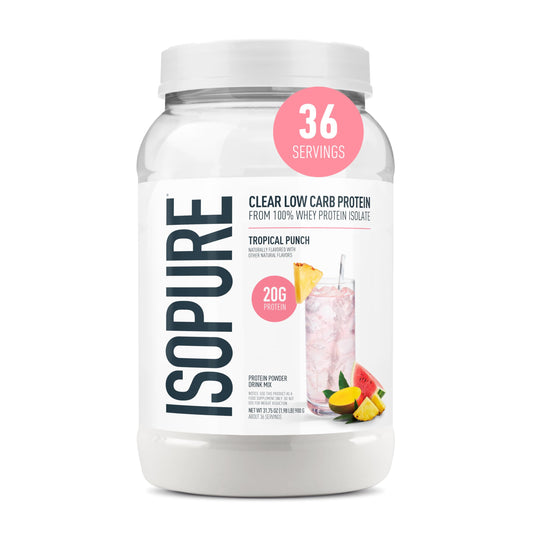 Isopure envase frontal mostrando la marca y beneficio de proteína clara