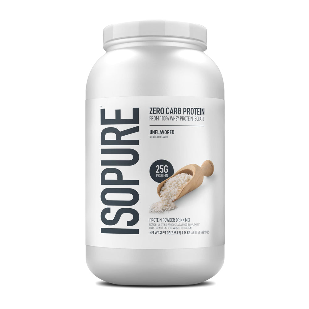 Isopure envase frontal muestra proteína pura y beneficio de 25 g por porción