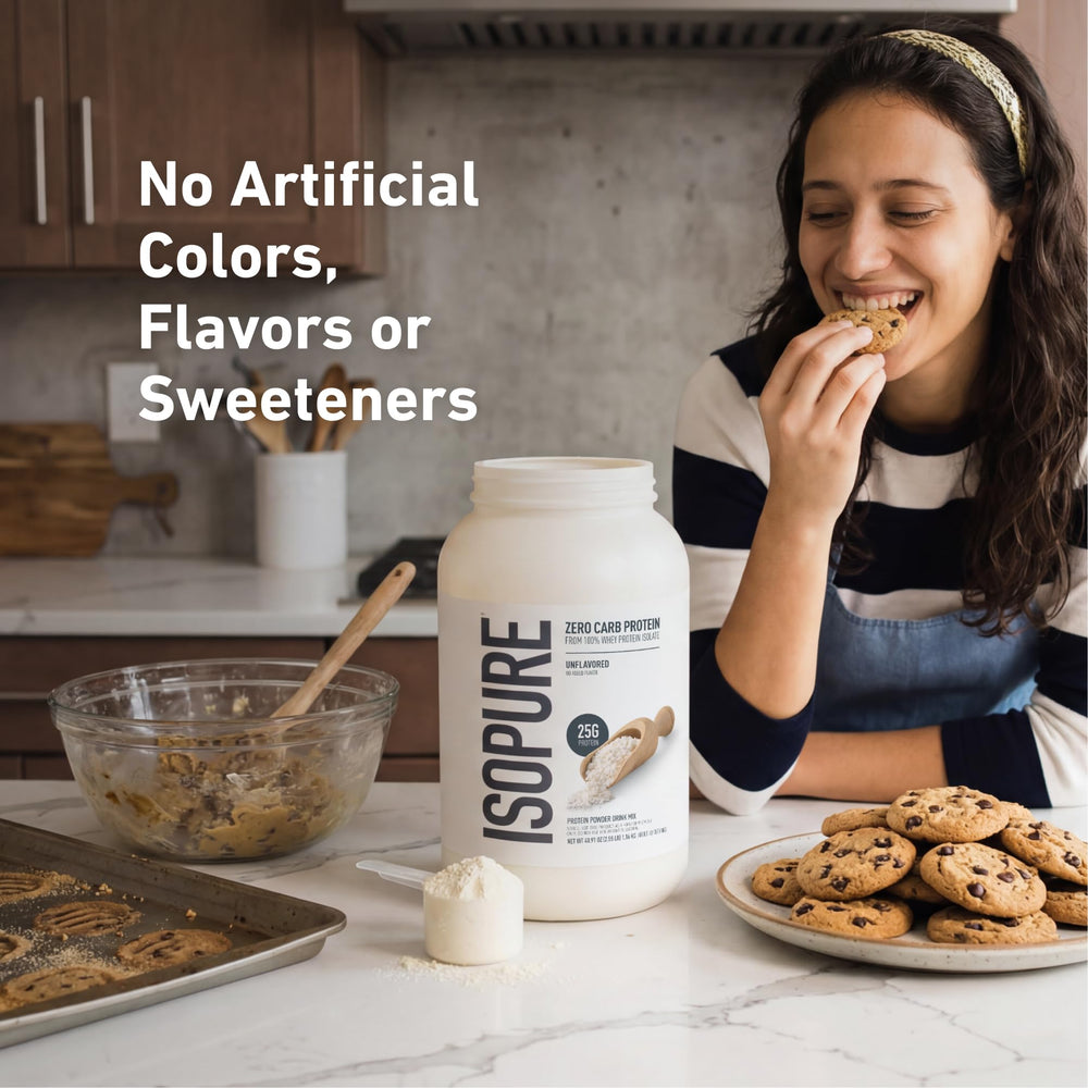 Isopure etiqueta de ingredientes clara sin sabores añadidos y mayor transparencia