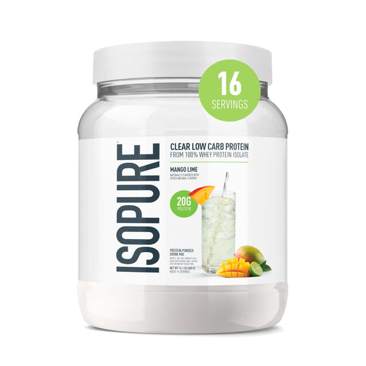 Isopure envase frontal Mango Lime mostrando diseño y beneficios claros