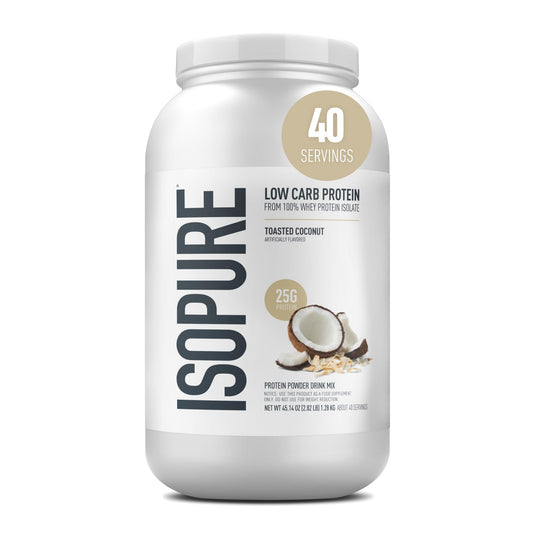 Isopure envase Toasted Coconut al frente mostrando tamaño 3 lb y atractivo visual