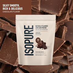 Isopure batido de chocolate servido en vaso, aporte proteico inmediato
