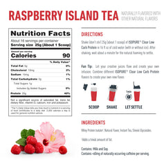 Isopure vaso servido con frambuesas para resaltar sabor frutal y placer al beber