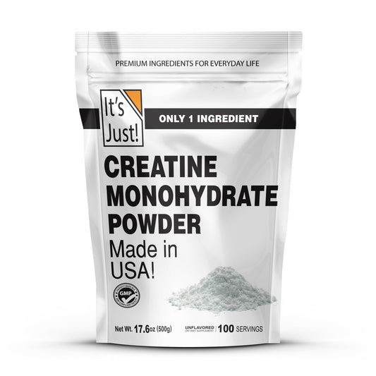 It's Just! creatine monohydrate bottle shows US-made purity for workouts