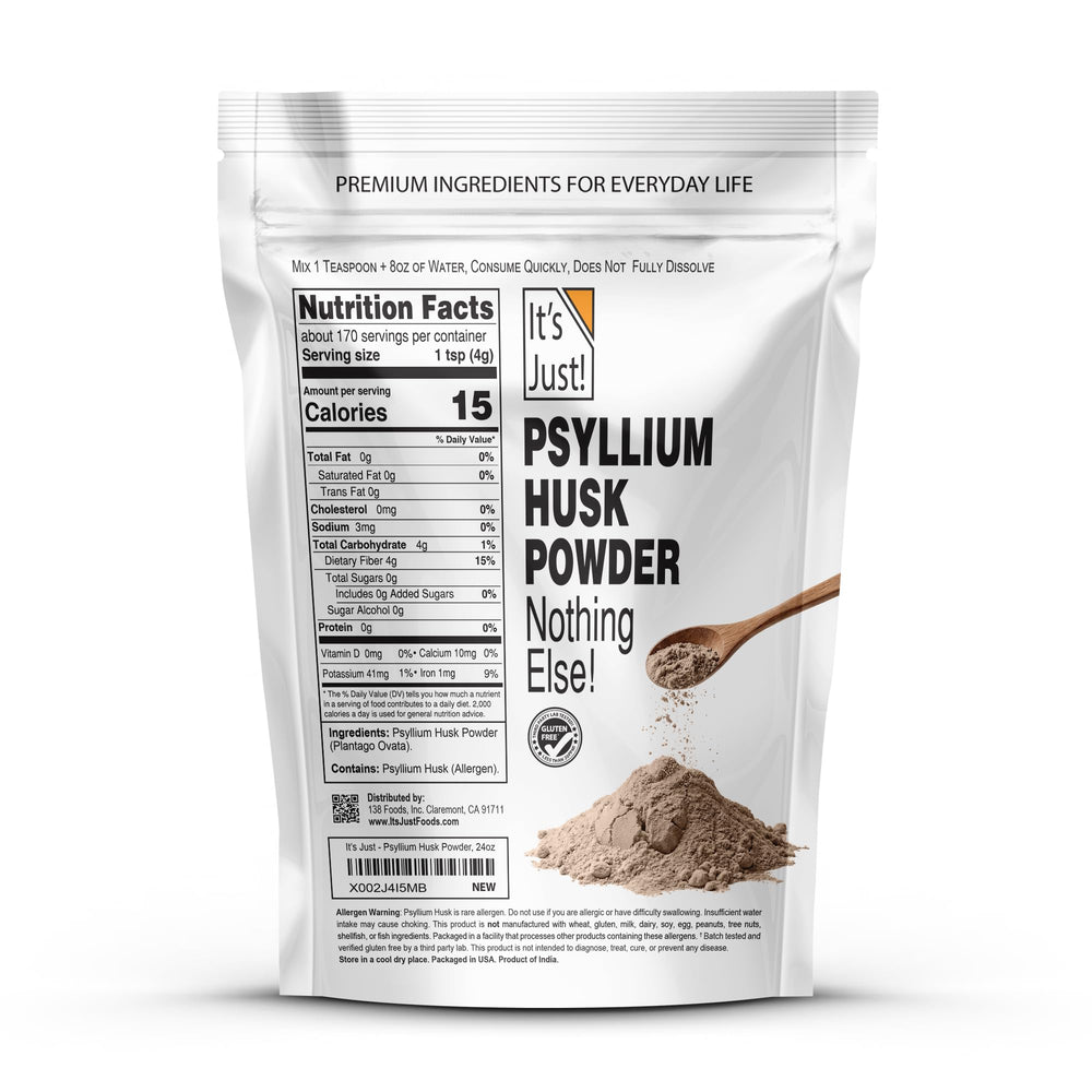 It's Just! polvo de psyllium en primer plano, textura fina que facilita mezclado
