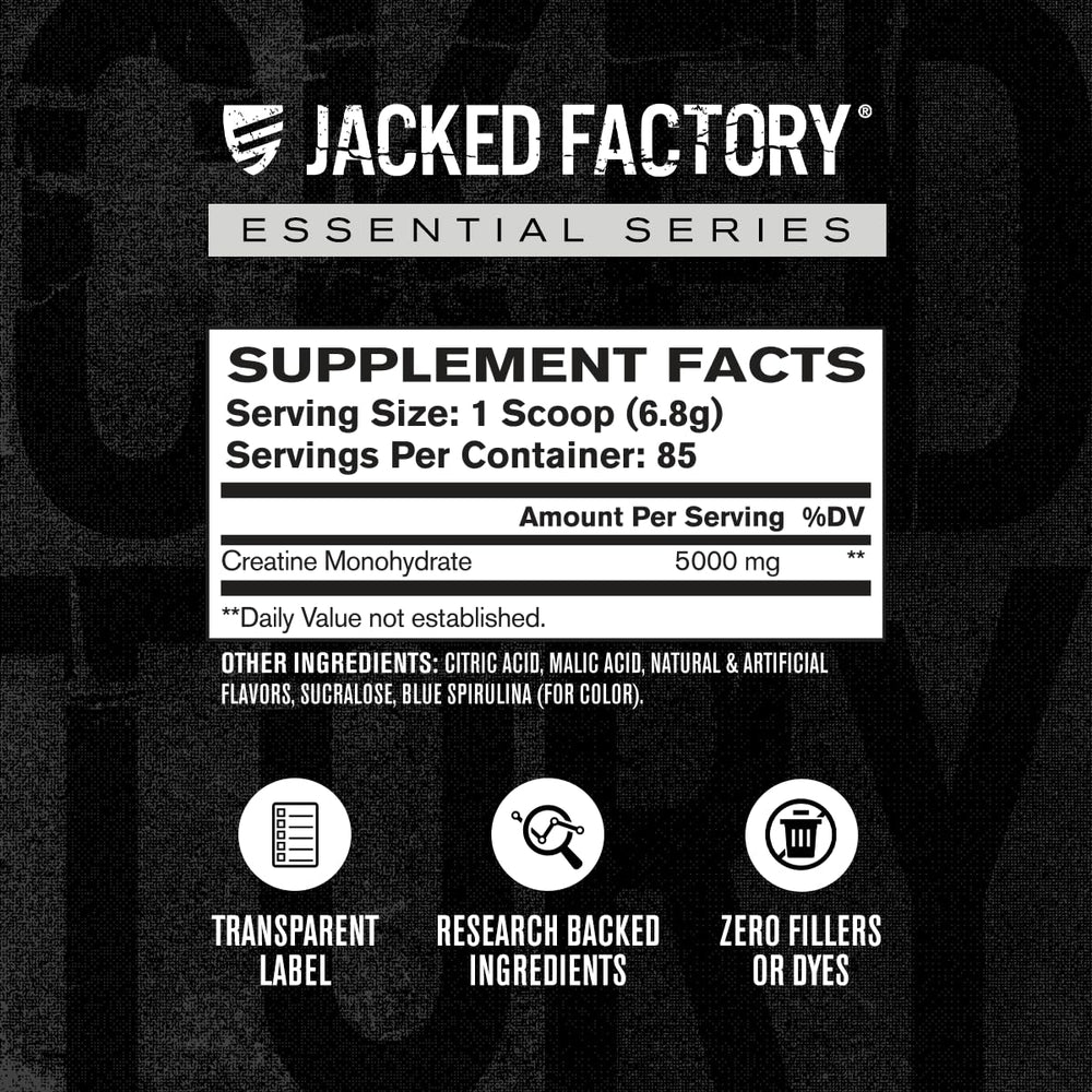 Jacked Factory etiqueta con ingredientes claros y sin rellenos, transparencia
