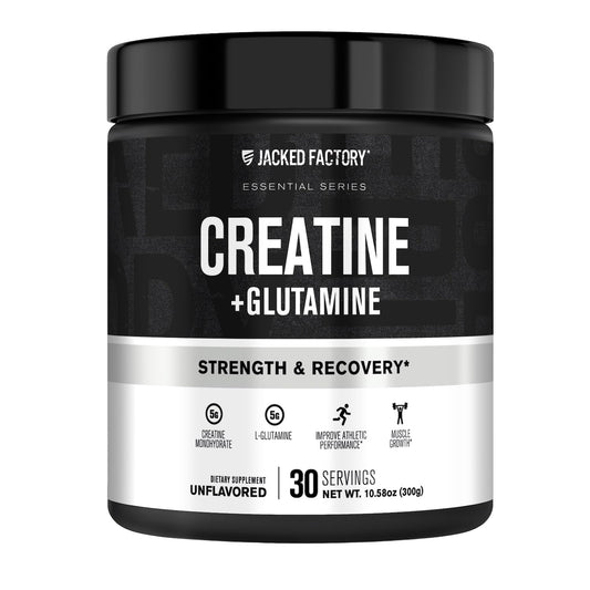 Frasco de Jacked Factory Creatine + Glutamine para recuperación muscular rápida.