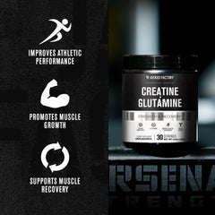 Frasco abierto de Jacked Factory Creatine + Glutamine sobre la mesa para uso diario.