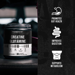Mezcla de polvo de Jacked Factory Creatine + Glutamine en vaso para rendimiento sostenido.