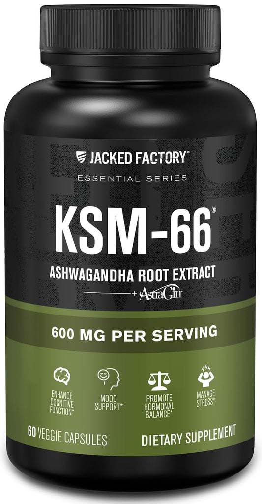 Jacked Factory frasco frontal mostrando 60 cápsulas y beneficios claros