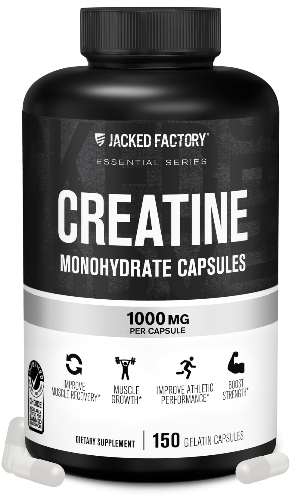 Jacked Factory envase frontal mostrando 150 cápsulas y beneficios prácticos