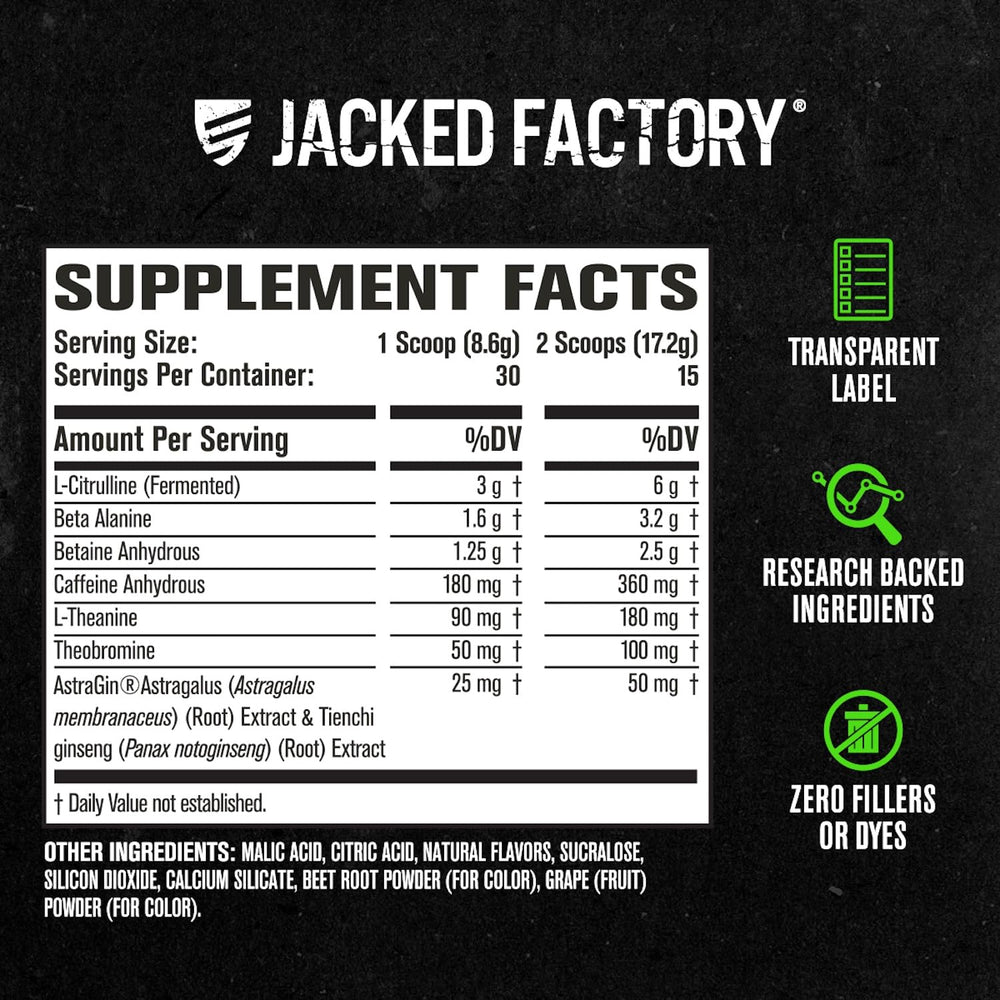 Jacked Factory vaso con mezcla lista para beber para enfoque pre entreno