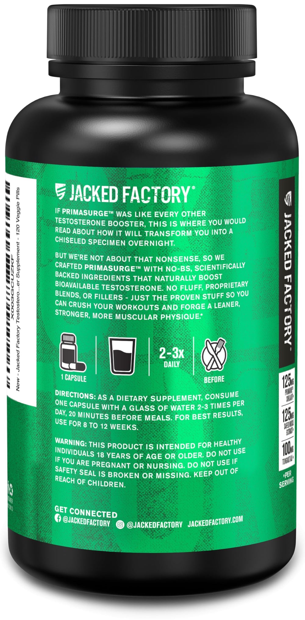 Jacked Factory PRIMASURGE extractos activos en primer plano (Tongkat Ali, PrimaVie), destaca ingredientes clave