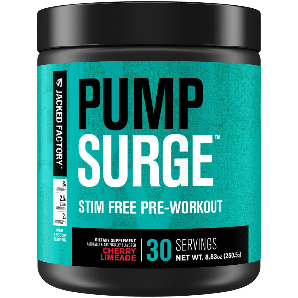 Jacked Factory Pumpsurge frontal mostrando envase y sabor Cherry Limeade, energía sin estimulantes