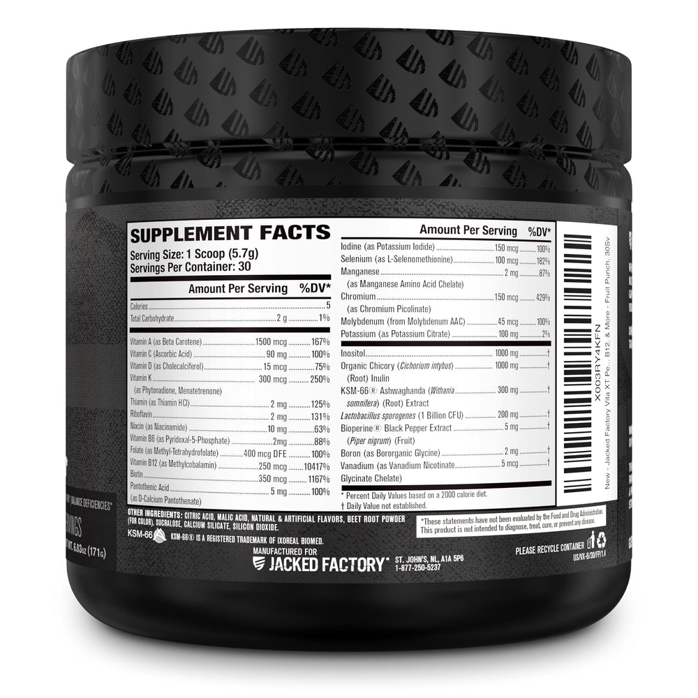 Primer plano de ingredientes clave como KSM-66 ashwagandha en Jacked Factory Vita XT
