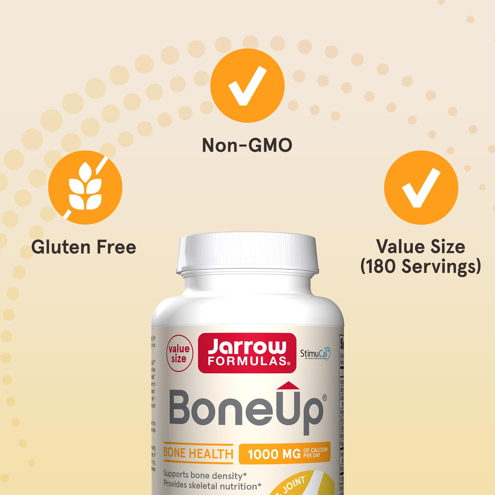 Jarrow Formulas BoneUp etiqueta con lista de ingredientes y beneficios nutricionales