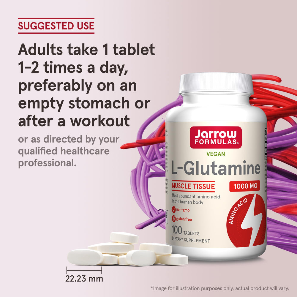 Frasco abierto de Jarrow Formulas L-Glutamine mostrando la cantidad de tabletas