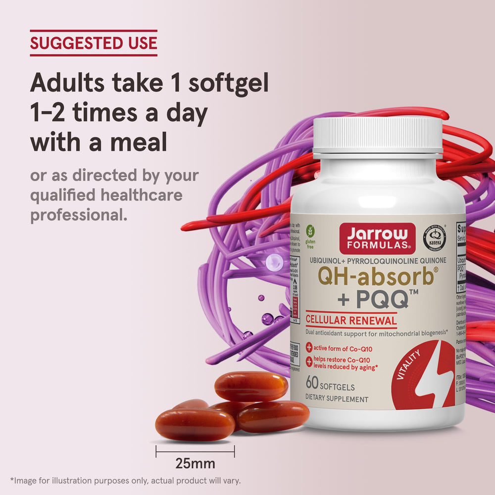 softgel Jarrow QH-Absorb + PQQ en la palma para comparar tamaño y facilitar la dosificación